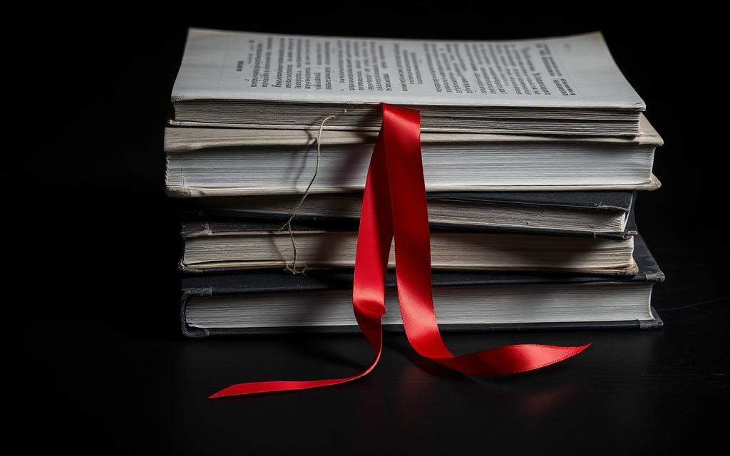 Stack of vintage books with one red silk ribbon bookmark