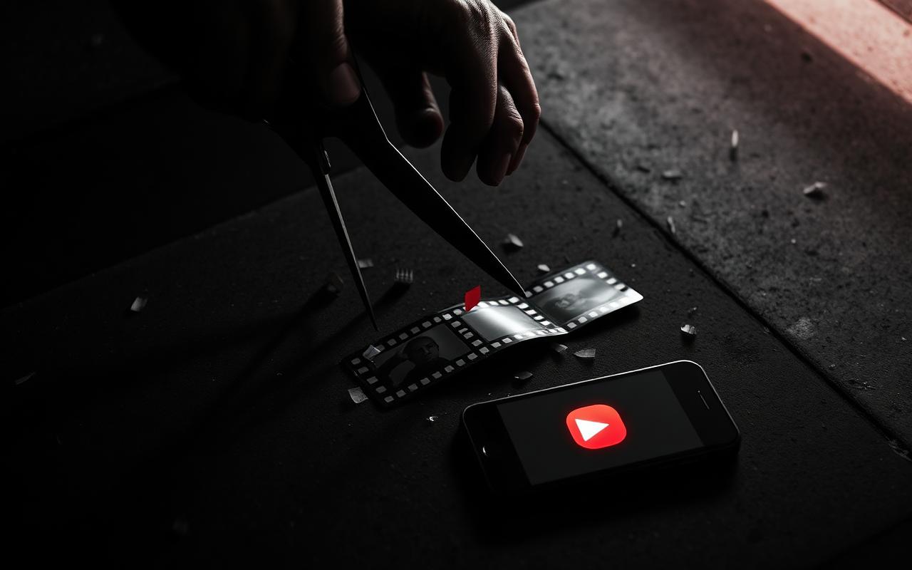 Editorial-Schwarz-Weiß-Foto mit rotem Akzent: eine Hand zerschneidet mit einer Schere einen langen Filmstreifen in viele kleine Schnipsel, die wie Konfetti fallen, daneben ein Smartphone mit rot leuchtendem Play-Button