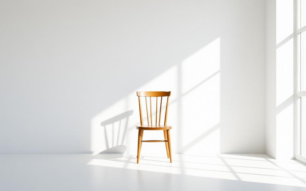 A single empty wooden chair in a bright sunlit room