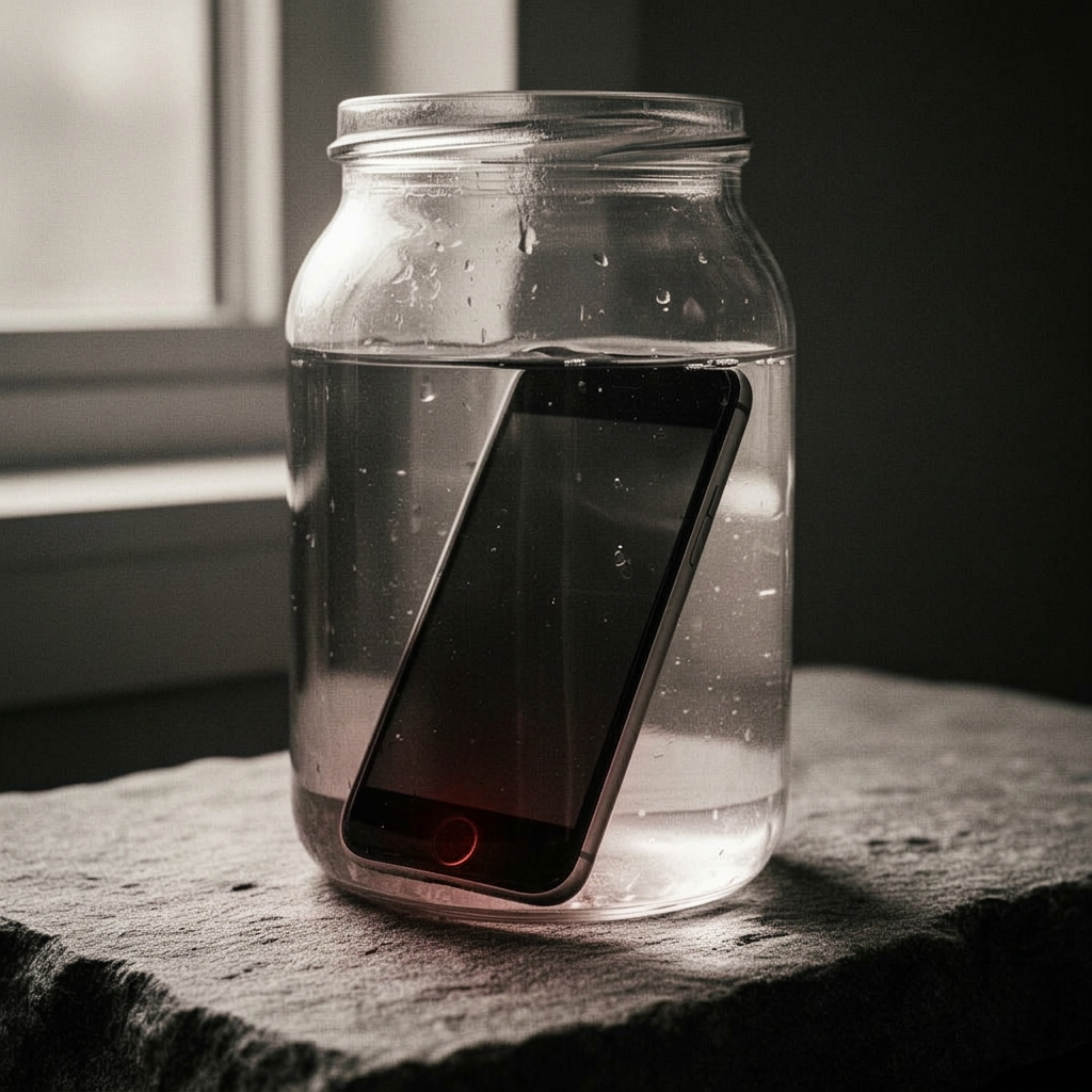 Editorial black and white photograph of a smartphone submerged inside a clear glass jar of water on a stone surface, soft directional window light, like a specimen in a laboratory