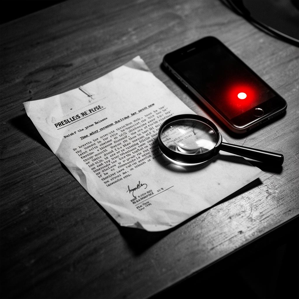 Editorial-Schwarz-Weiß-Foto mit rotem Akzent: eine zerknitterte Pressemitteilung auf einem Holzschreibtisch, daneben ein umgedrehtes Smartphone mit leuchtend roter Benachrichtigungs-LED, eine Lupe über dem Dokument