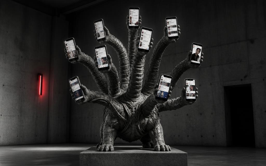 Schwarz-weiße Editorial-Illustration mit rotem Akzent: eine vielköpfige Hydra, deren Hälse in leuchtenden Smartphone-Displays mit endlosen Social-Media-Feeds enden