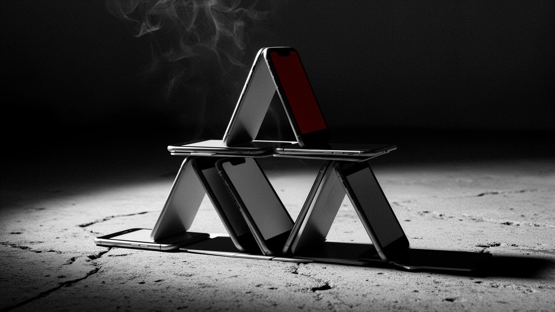 Editorial black and white photograph of a half-collapsed house of cards built from smartphones on a cracked concrete surface, with one phone glowing deep red and a thin wisp of smoke rising