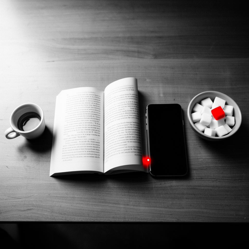 Editorial black-and-white photograph with a red accent: an open paperback book and a face-down smartphone with a glowing red notification light on a wooden table, next to a small ceramic bowl of white sugar cubes with one bright red cube