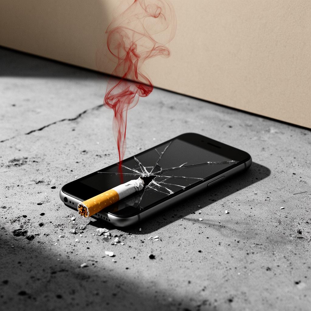 Editorial black and white photograph of a broken smartphone and a cigarette on concrete, with a thin red wisp of smoke rising from the cracked screen