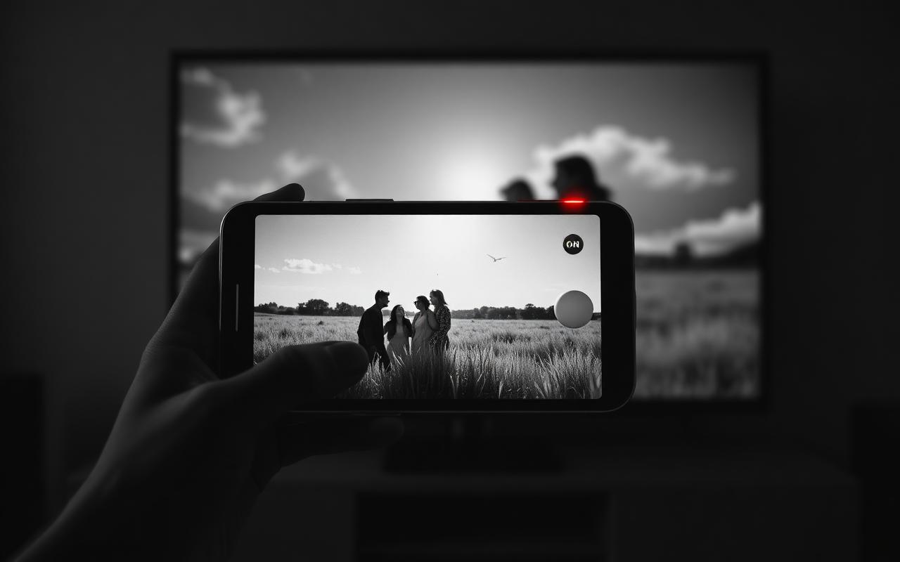 Editorial-Schwarz-Weiß-Foto mit rotem Akzent: ein Smartphone zeigt einen hochglänzenden Lifestyle-Werbespot mit glücklichen Menschen in einer sonnenbeschienenen Wiese, im Hintergrund ein dunkler TV-Bildschirm mit derselben Kampagne