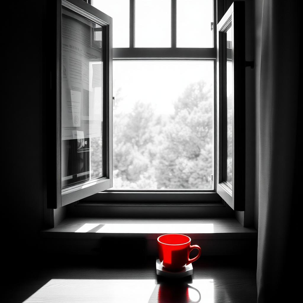 Editorial black-and-white photograph with a single red accent: an open window, morning light, a red coffee cup on the windowsill, phone hidden — calm life without social media