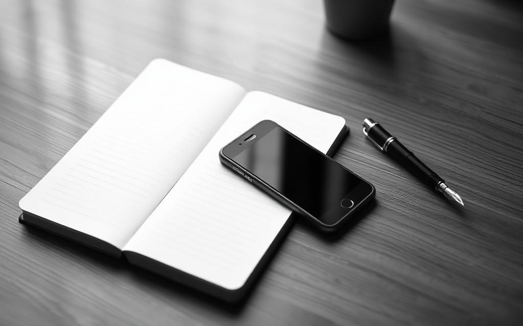 Editorial black and white photograph of a smartphone lying face-down on an empty wooden desk next to an open analog notebook and a fountain pen, soft morning light